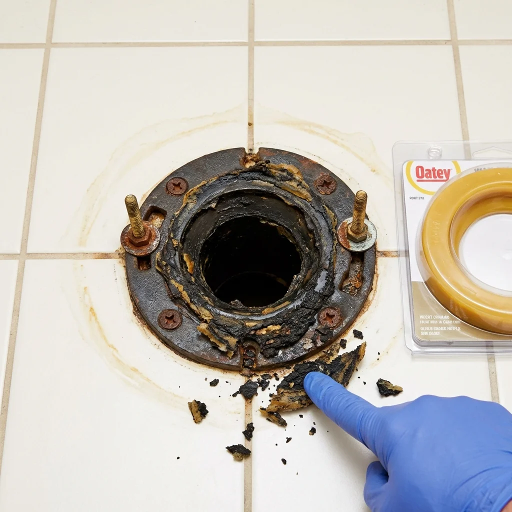 Failed wax ring showing water seepage at the base of a toilet in a Arlington, WA home