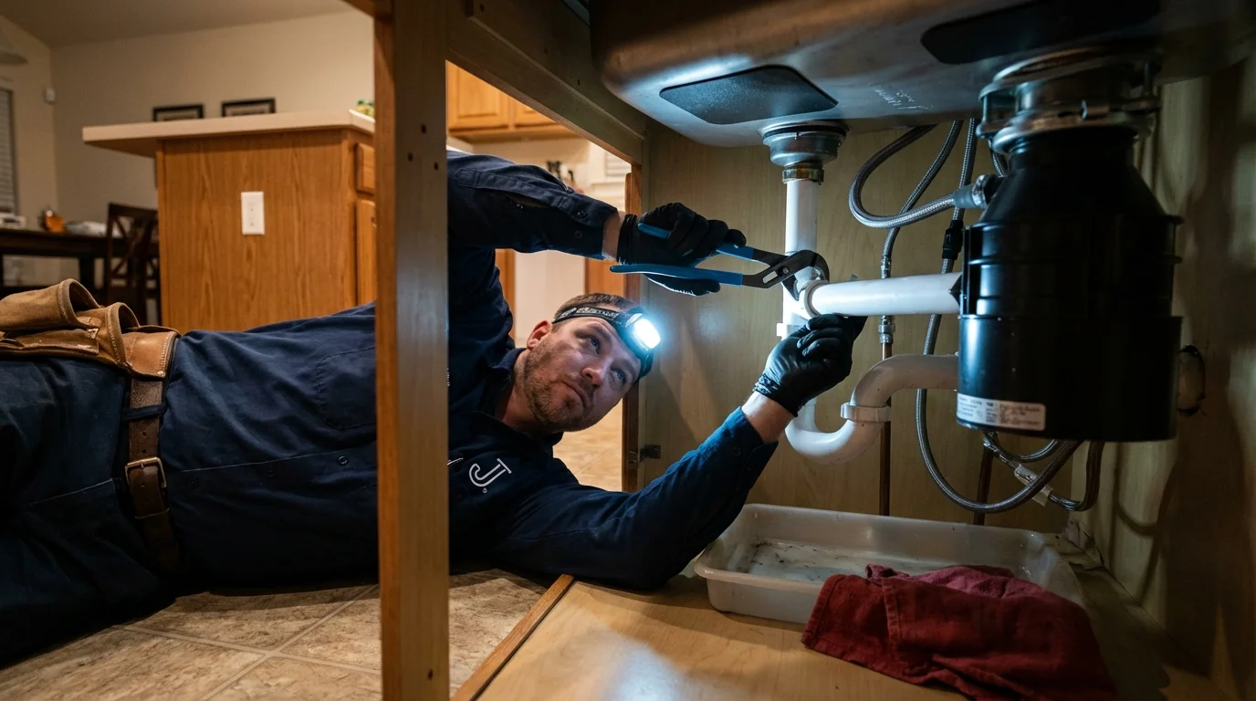 P-trap and supply line connections under a kitchen sink showing a common leak point in Arlington, WA